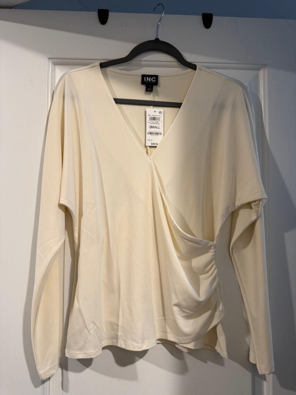 INC International Concepts Cream Draped V-Neck Long Sleeve Top